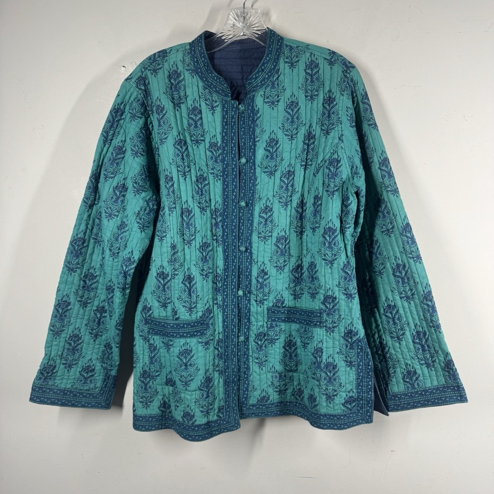 Sudha Reversible Quilted Cropped Jacket Open Front Boho Cottagecore Floral Sz L
